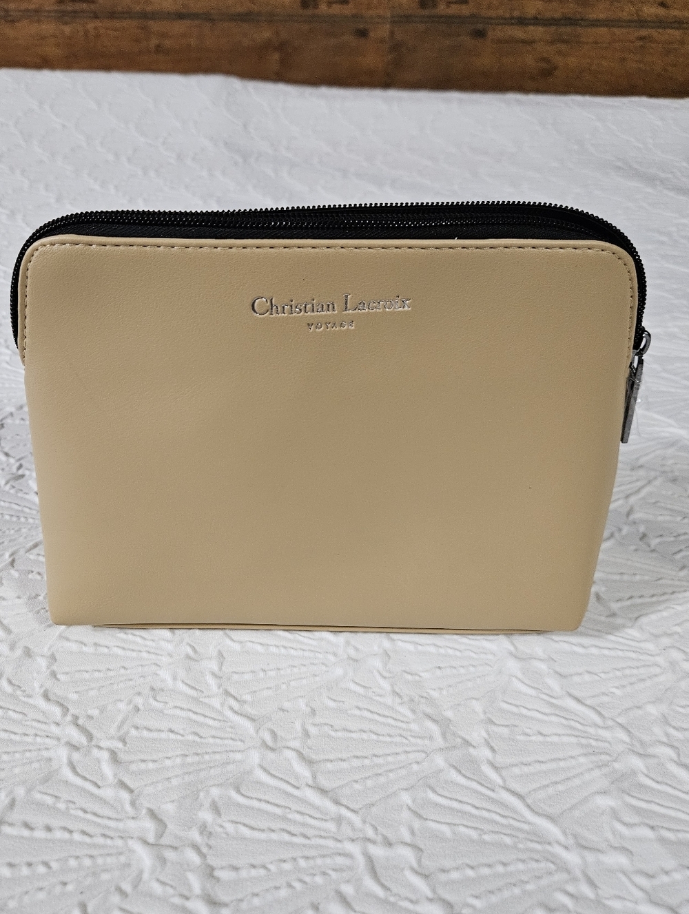 Christian Lacroix Cream Zip Pouch with Silver Logo Voyage